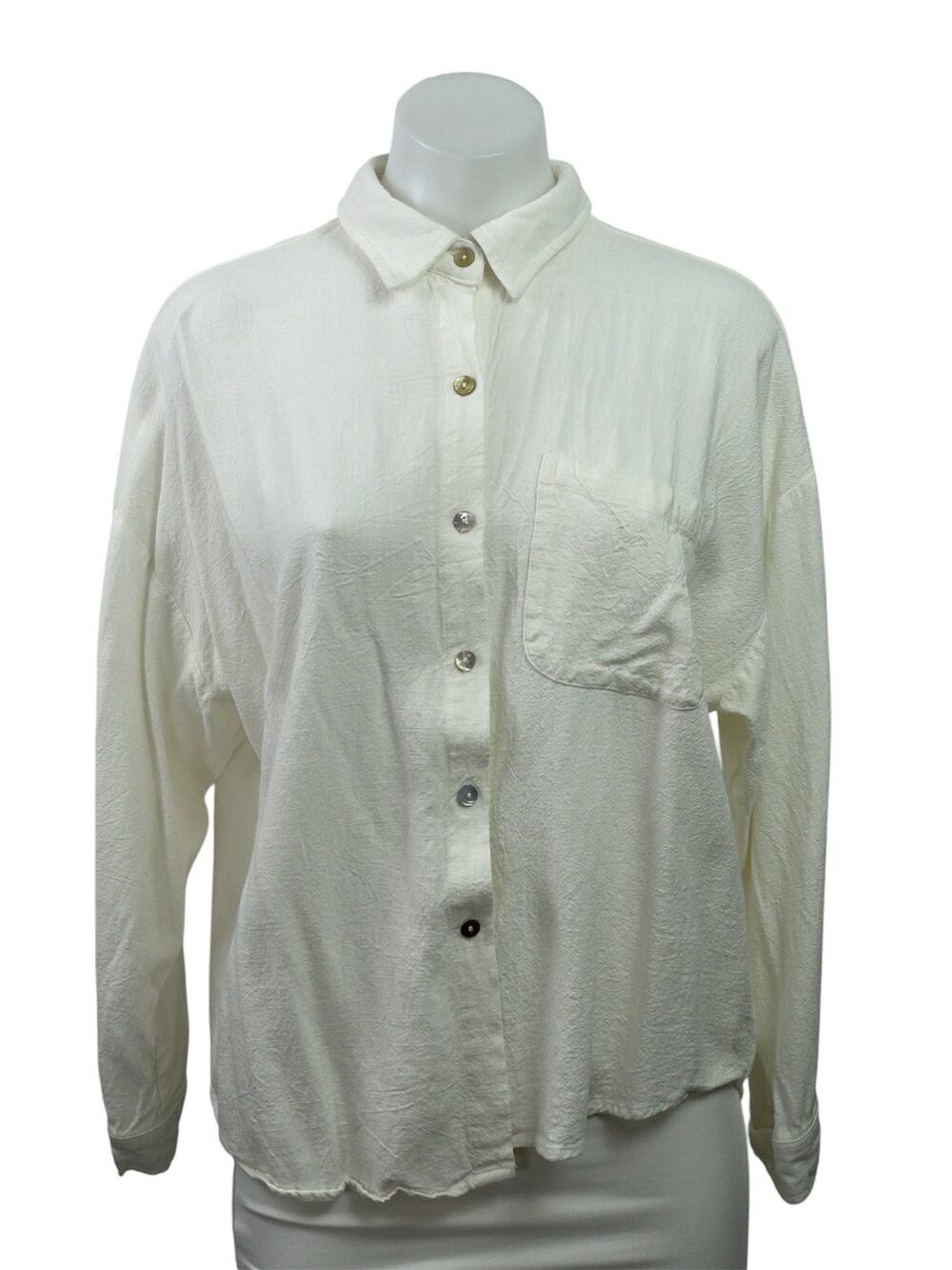 Musy Muse Women White 100% Linen Pocket Long Sleeve Button Down Shirt Top Size L